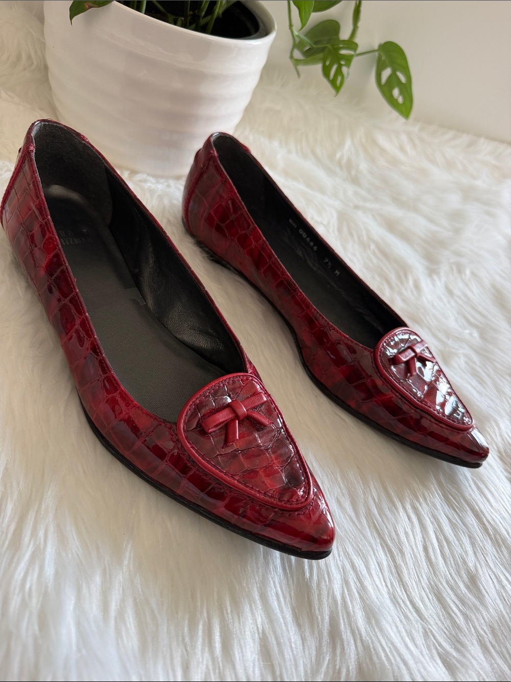 Stuart Weitzman Red Croc-Embossed Pointed Toe Flats with Knot Accent - Picture 9 of 14